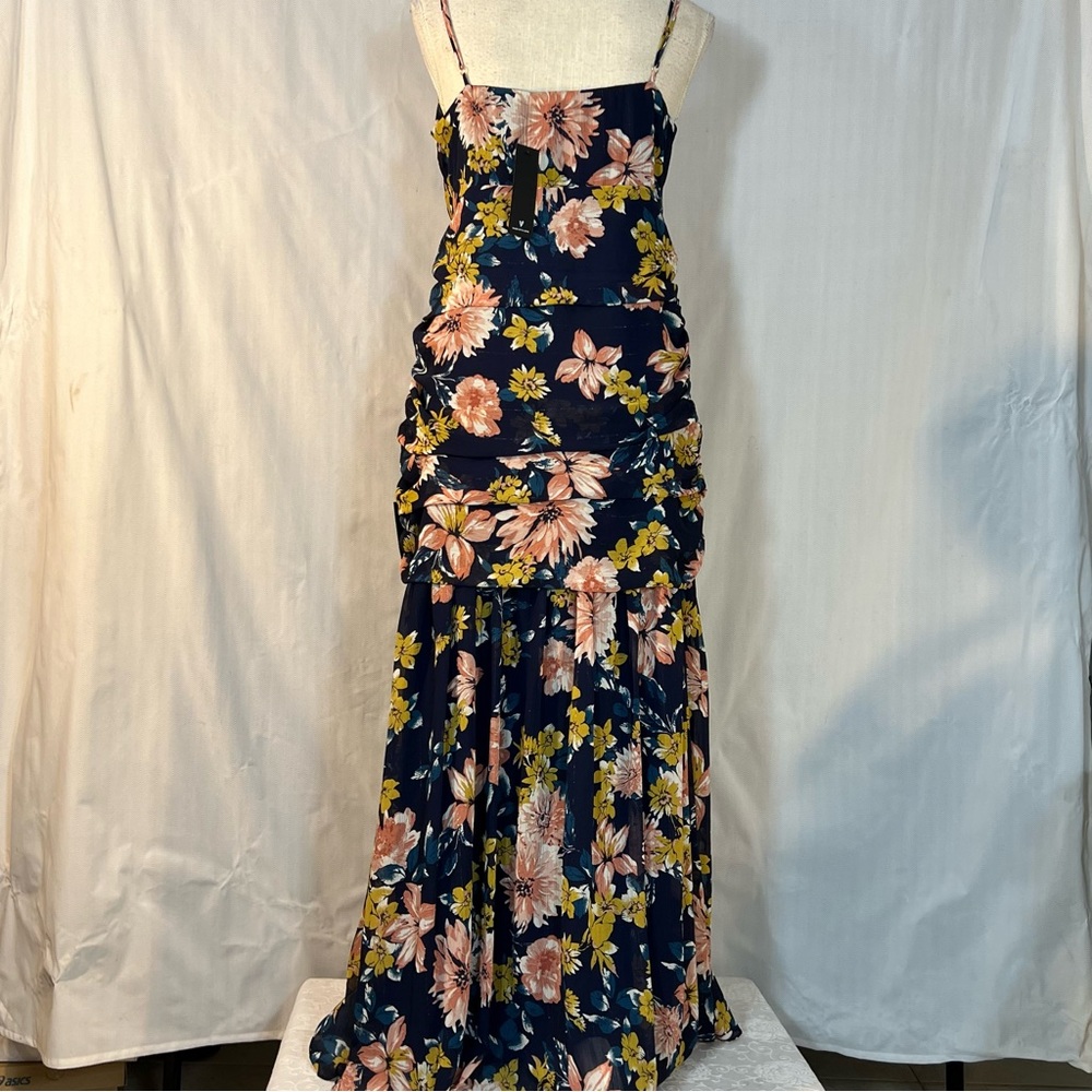 Lulus MIDI Floral Dress Blue Ruched Waist Flounce Skirt Slit Spaghetti Straps L - Picture 10 of 16